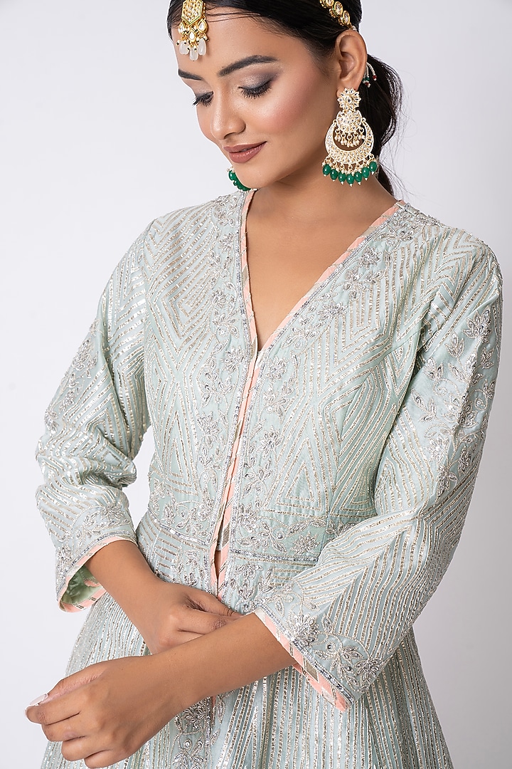 Mint Green Chanderi Gota & Sequins Embroidered Jacket Set by Nia By Sonia Ahuja at Pernia's Pop Up Shop