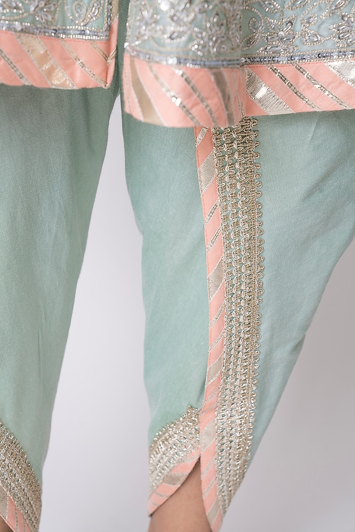 Mint Green Chanderi Gota & Sequins Embroidered Jacket Set by Nia By Sonia Ahuja at Pernia's Pop Up Shop