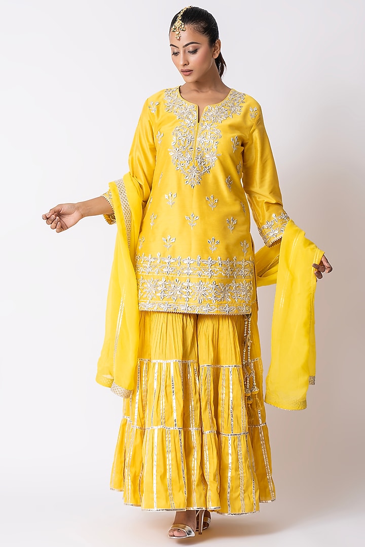 Yellow Chanderi Silk Gota Embroidered Gharara Set by Nia By Sonia Ahuja at Pernia's Pop Up Shop