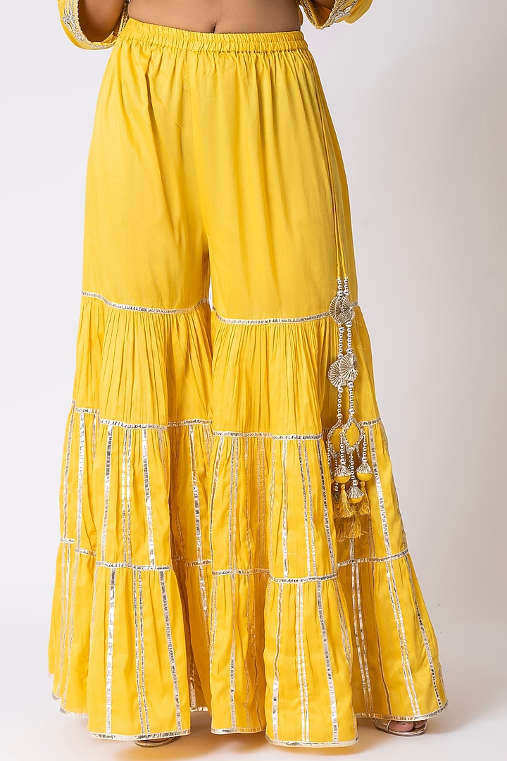 Yellow Chanderi Silk Gota Embroidered Gharara Set by Nia By Sonia Ahuja at Pernia's Pop Up Shop