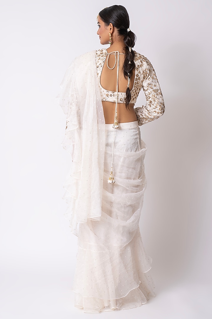 Off-White Organza Draped Party Wear Saree Set by Nia By Sonia Ahuja at Pernia's Pop Up Shop