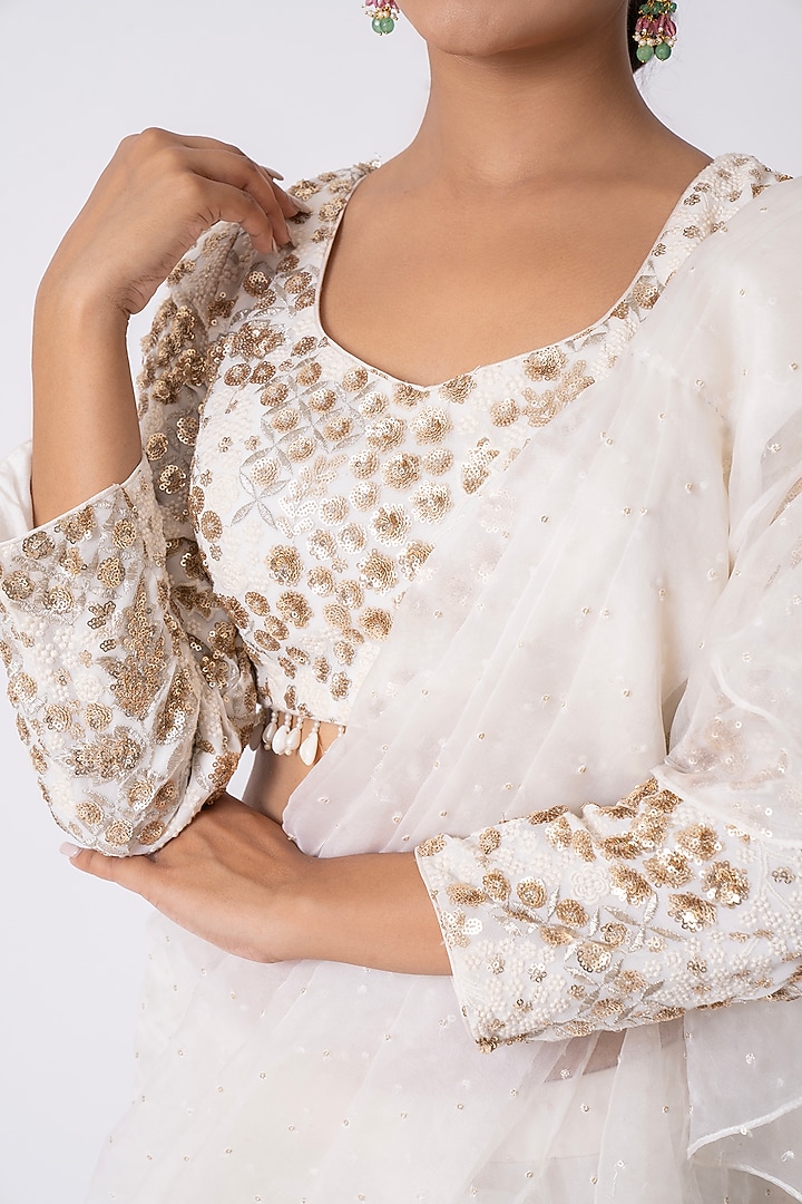 Off-White Organza Draped Party Wear Saree Set by Nia By Sonia Ahuja at Pernia's Pop Up Shop