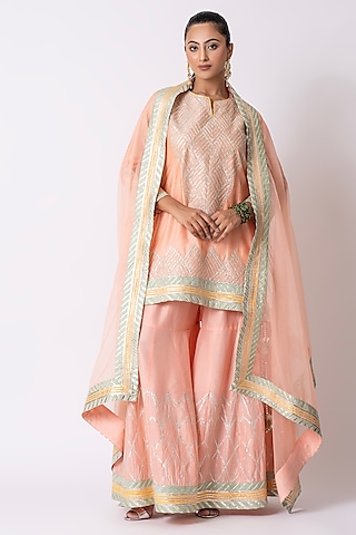 Peach Katan Silk Gota Embroidered Gharara Set by Nia By Sonia Ahuja