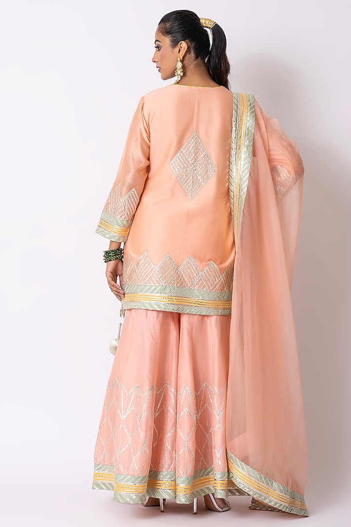 Peach Katan Silk Gota Embroidered Gharara Set by Nia By Sonia Ahuja at Pernia's Pop Up Shop