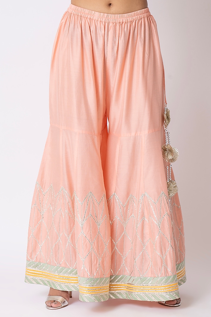 Peach Katan Silk Gota Embroidered Gharara Set by Nia By Sonia Ahuja at Pernia's Pop Up Shop