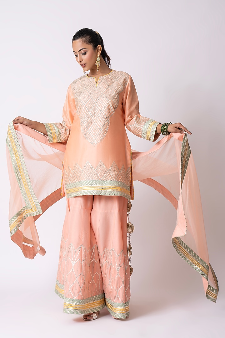 Peach Katan Silk Gota Embroidered Gharara Set by Nia By Sonia Ahuja at Pernia's Pop Up Shop