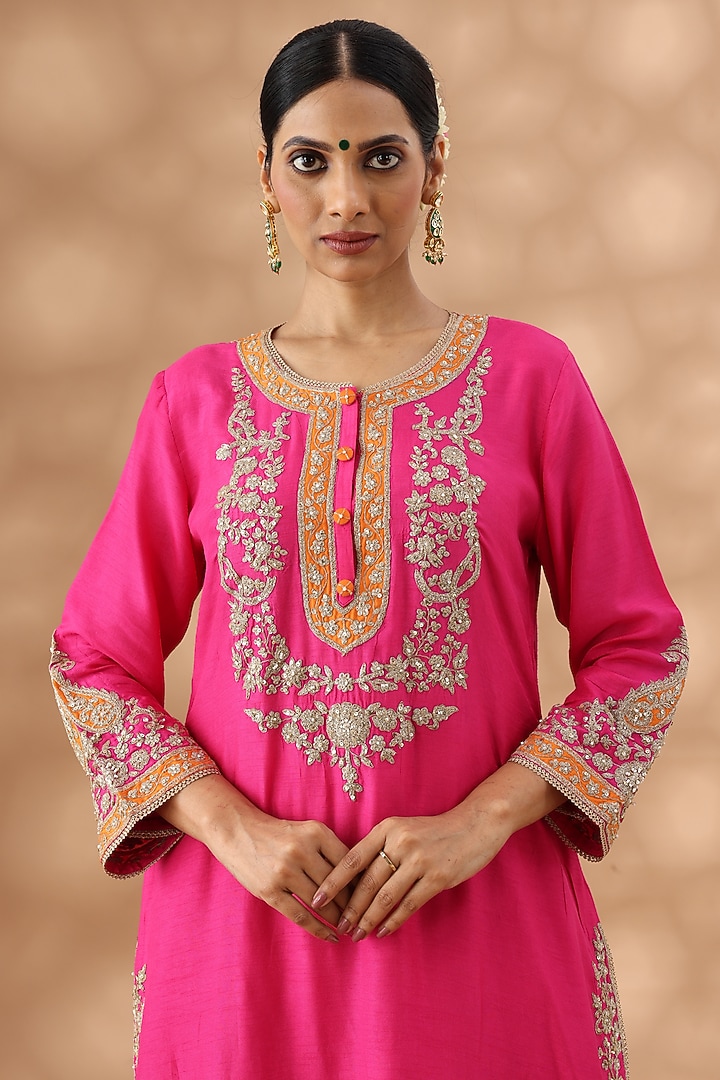 Hot Pink Banarasi Chanderi Kasab Embroidered Short Kurta Set by Nia By Sonia Ahuja at Pernia's Pop Up Shop