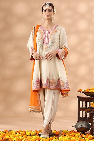Beige Shimmer Silk Kasab Embroidered Short Anarkali Set by Nia By Sonia Ahuja