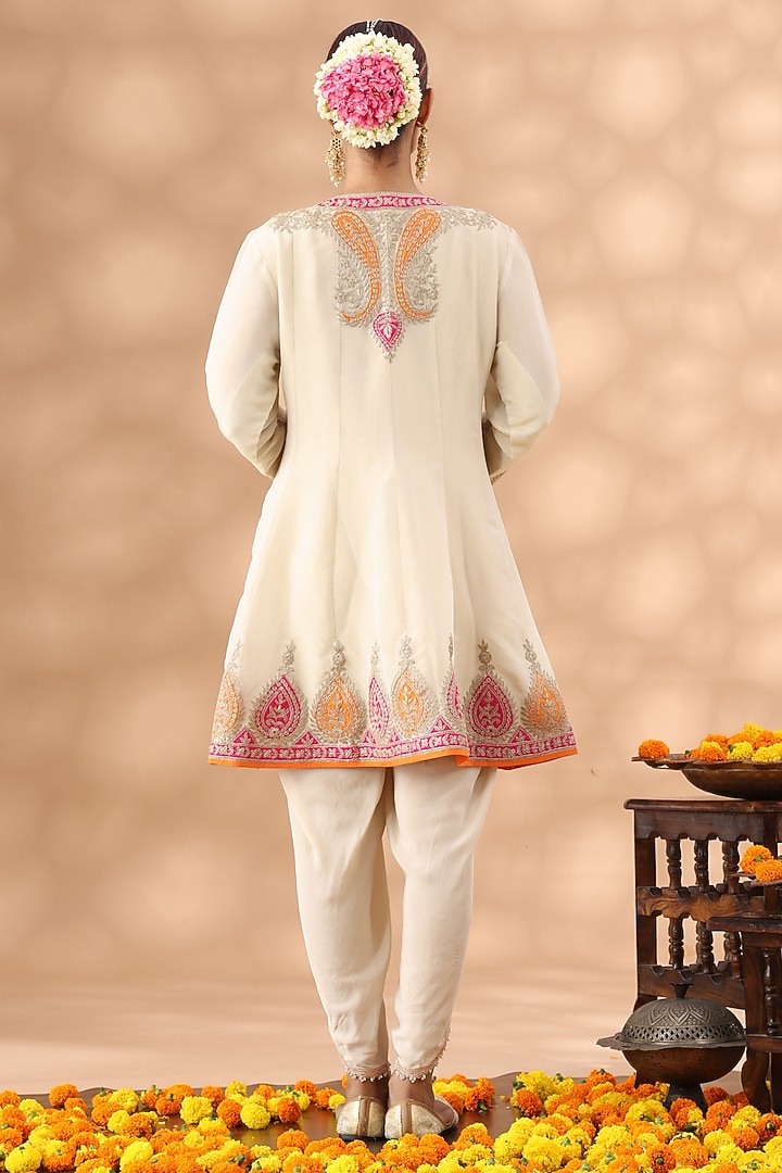 Beige Shimmer Silk Kasab Embroidered Short Party Wear Anarkali Set by Nia By Sonia Ahuja at Pernia's Pop Up Shop