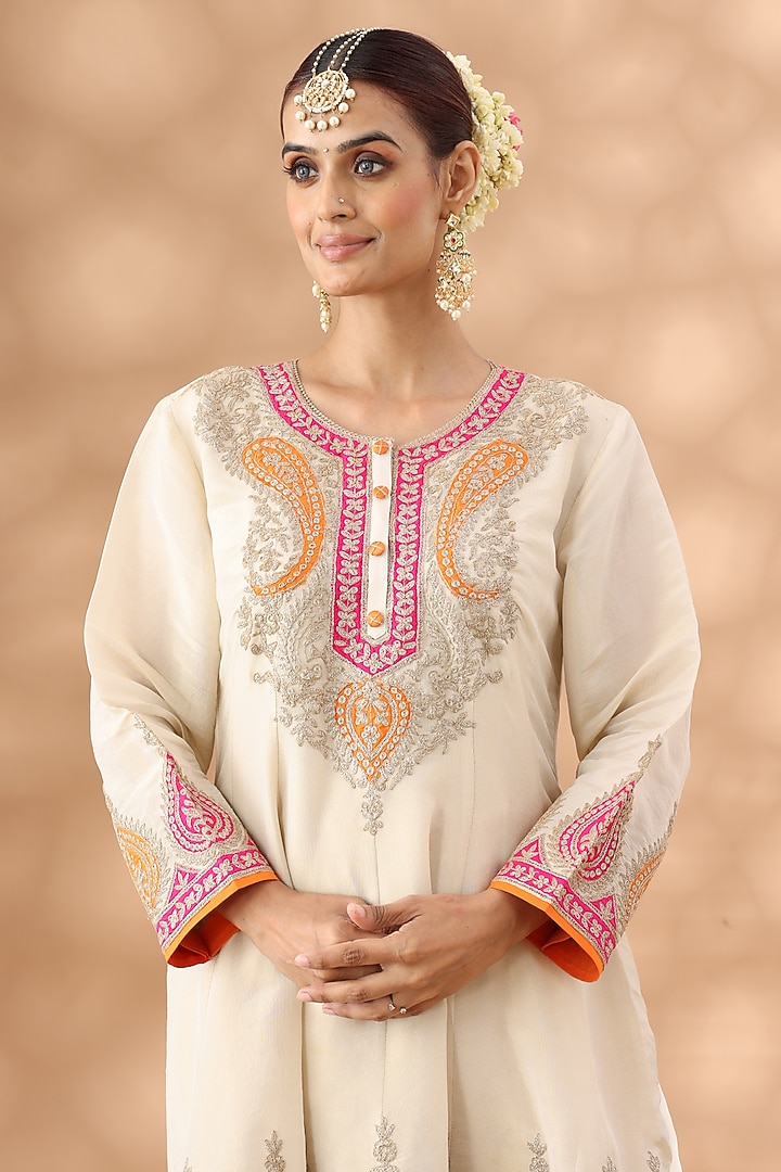 Beige Shimmer Silk Kasab Embroidered Short Party Wear Anarkali Set by Nia By Sonia Ahuja at Pernia's Pop Up Shop