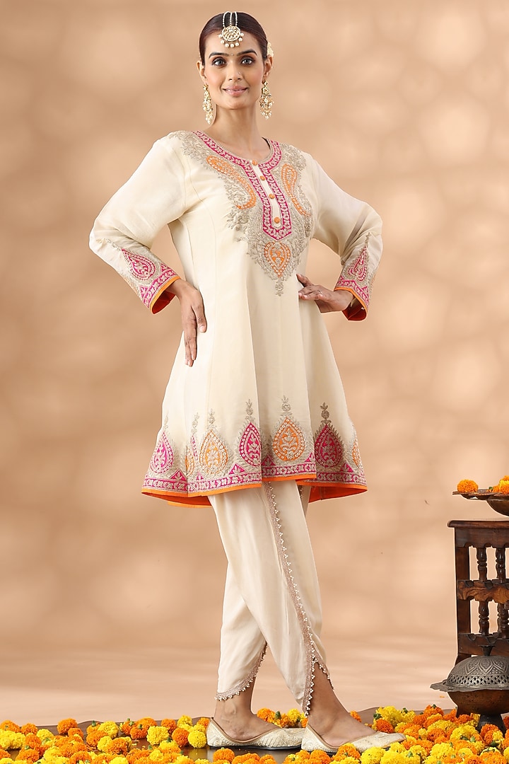 Beige Shimmer Silk Kasab Embroidered Short Party Wear Anarkali Set by Nia By Sonia Ahuja at Pernia's Pop Up Shop