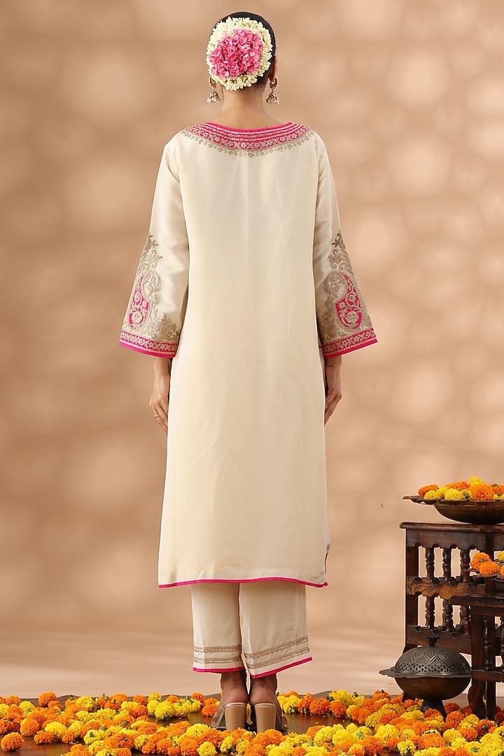 Beige Shimmer Silk Kasab Embroidered Kurta Set by Nia By Sonia Ahuja at Pernia's Pop Up Shop