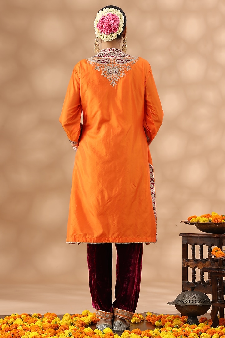 Orange Silk Kasab Embroidered Kurta Set by Nia By Sonia Ahuja at Pernia's Pop Up Shop