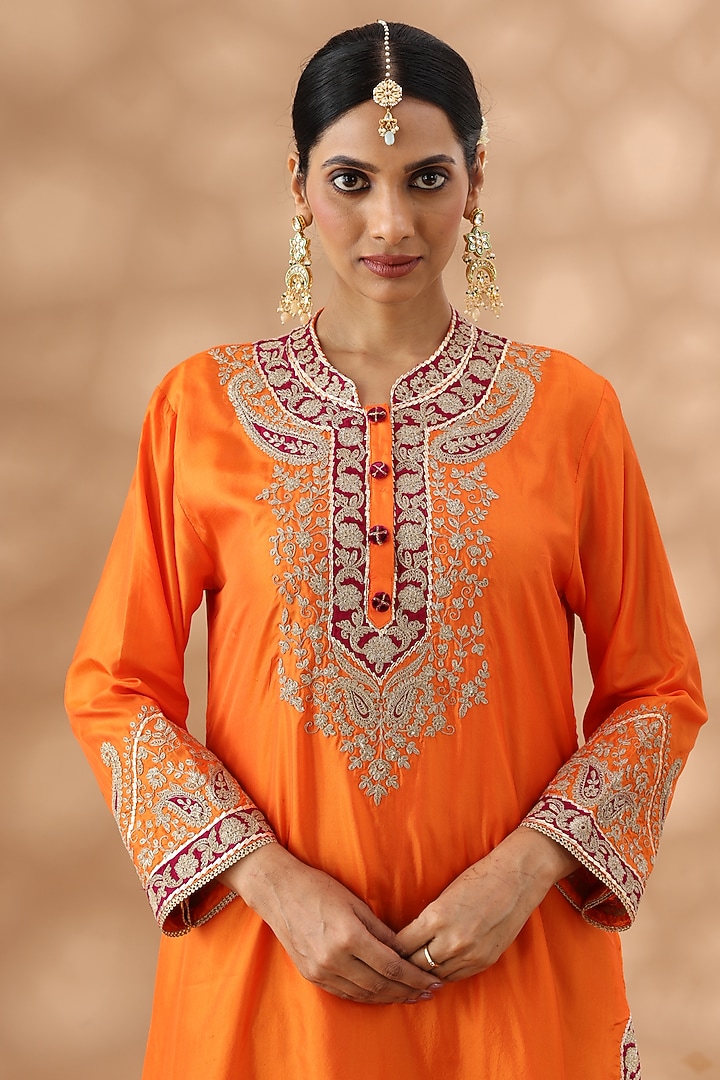 Orange Silk Kasab Embroidered Kurta Set by Nia By Sonia Ahuja at Pernia's Pop Up Shop
