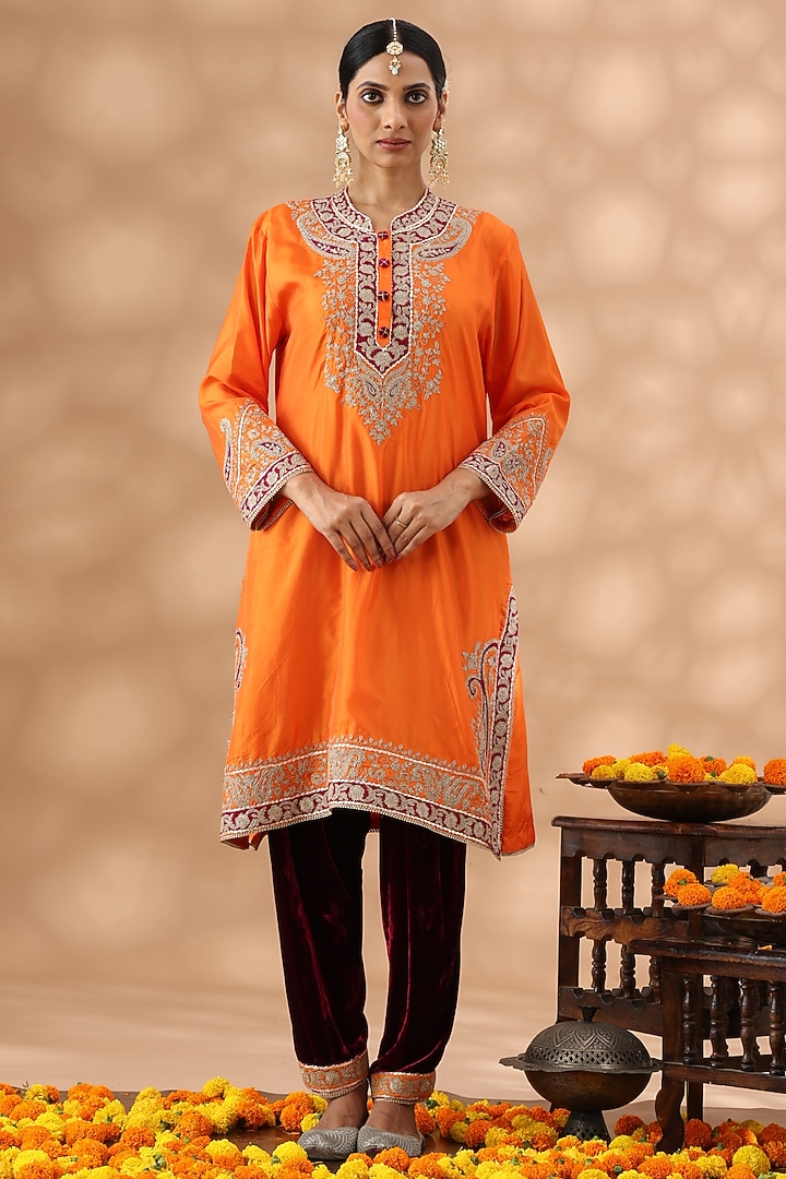 Orange Silk Kasab Embroidered Kurta Set by Nia By Sonia Ahuja at Pernia's Pop Up Shop