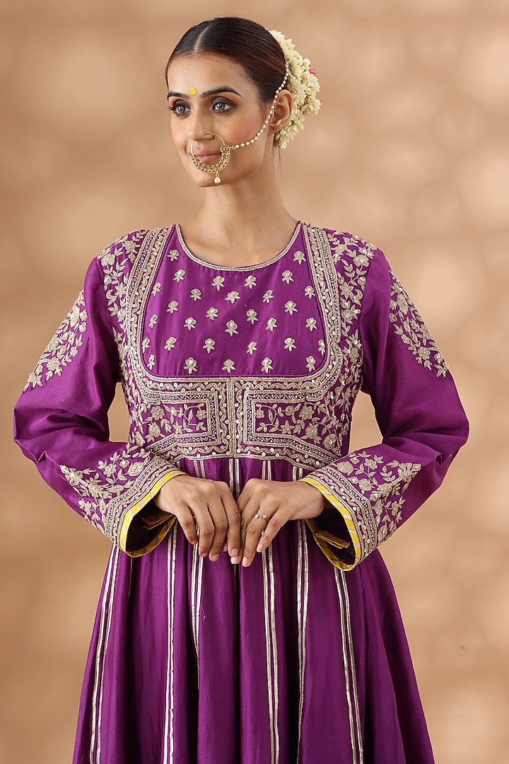 Warm Purple Banarasi Chanderi Kasab Embroidered Party Wear Anarkali Set by Nia By Sonia Ahuja at Pernia's Pop Up Shop