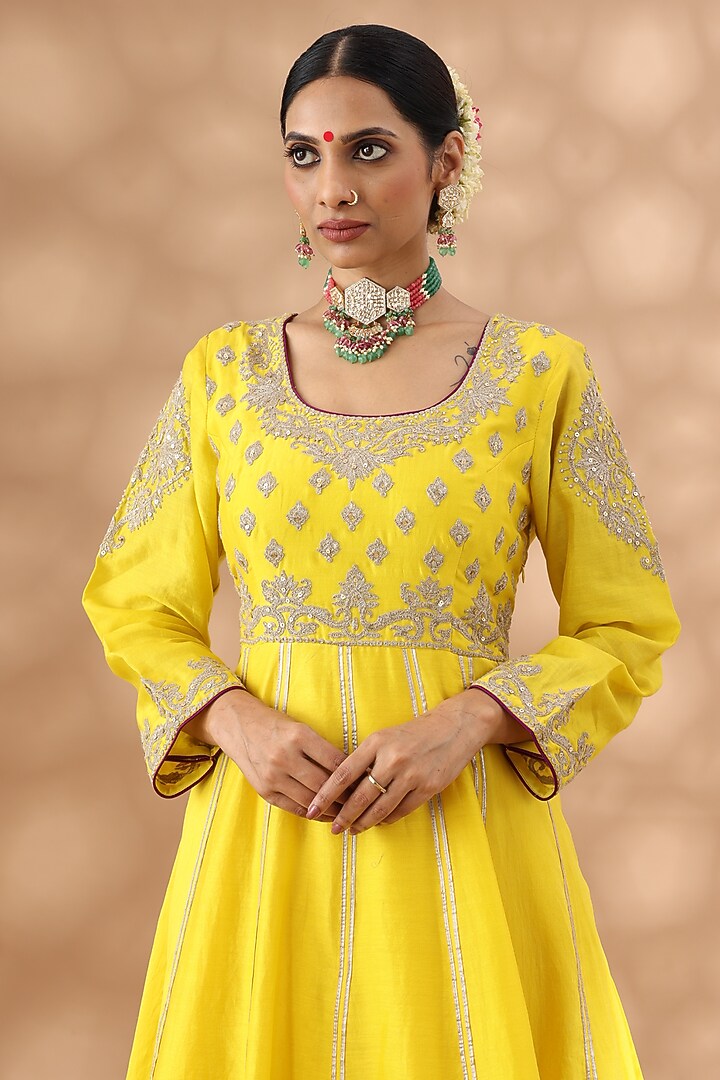 Banana Yellow Banarasi Chanderi Kasab Embroidered Party Wear Anarkali Set by Nia By Sonia Ahuja at Pernia's Pop Up Shop