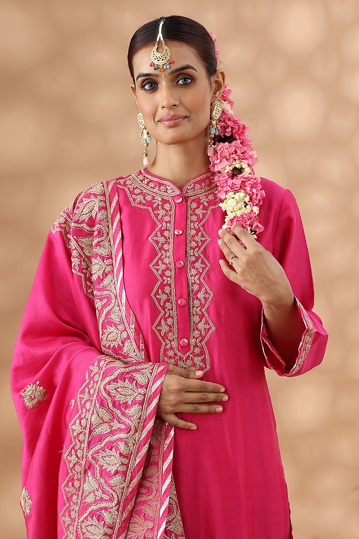 Hot Pink Banarasi Chanderi Kasab Embroidered Kurta Set by Nia By Sonia Ahuja at Pernia's Pop Up Shop