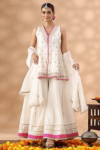Pearl White Banarasi Chanderi Sequins Embroidered Sharara Set by Nia By Sonia Ahuja