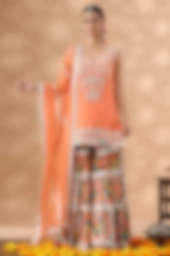 Peach Crepe Printed Gharara Set by Nia By Sonia Ahuja at Pernia's Pop Up Shop