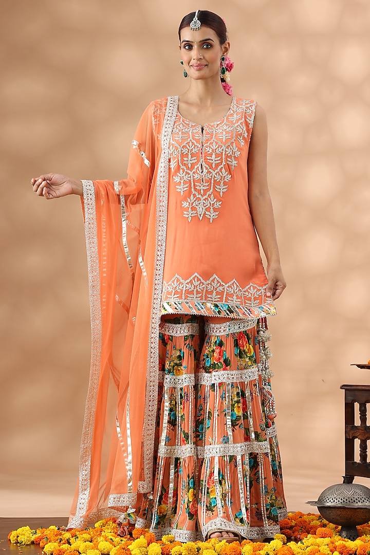 Peach Crepe Printed Gharara Set by Nia By Sonia Ahuja at Pernia's Pop Up Shop