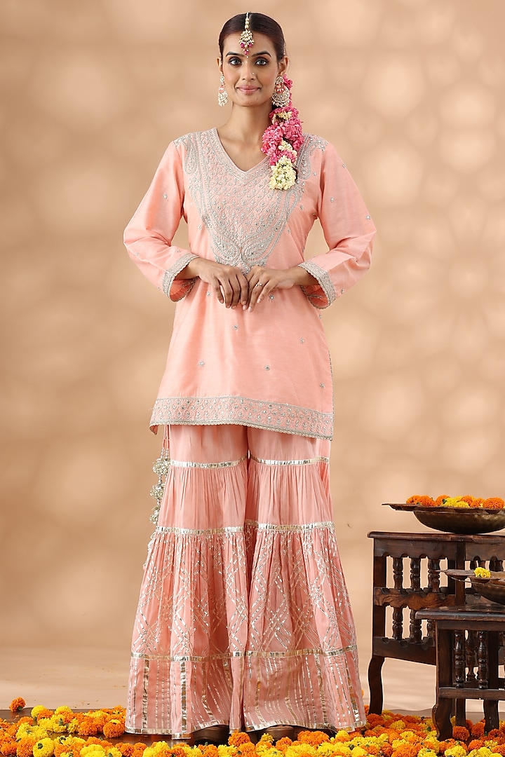 Peach Pure Silk Gota Work Gharara Set by Nia By Sonia Ahuja at Pernia's Pop Up Shop