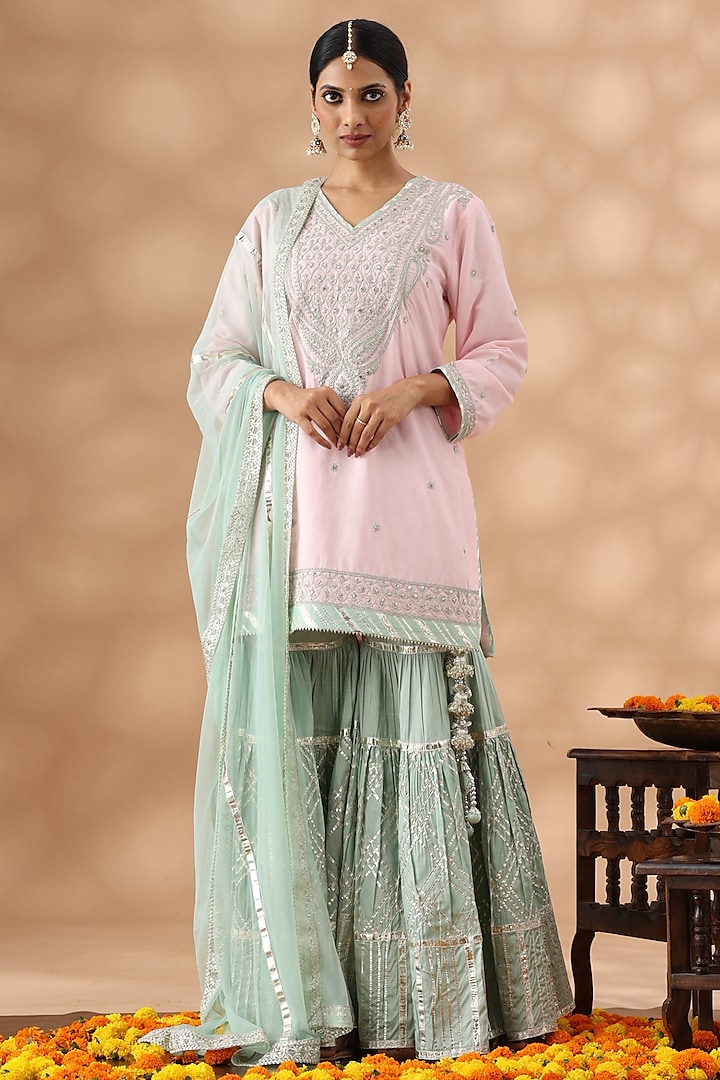 Mint Green Pure Silk Gota Work Gharara Set by Nia By Sonia Ahuja at Pernia's Pop Up Shop