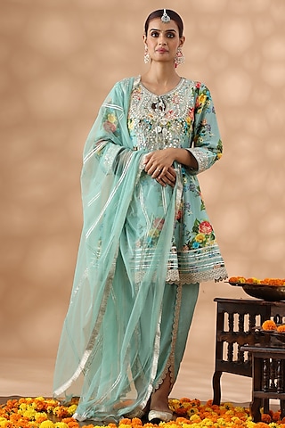 Mint Green Cotton Printed Short Anarkali Set by Nia By Sonia Ahuja