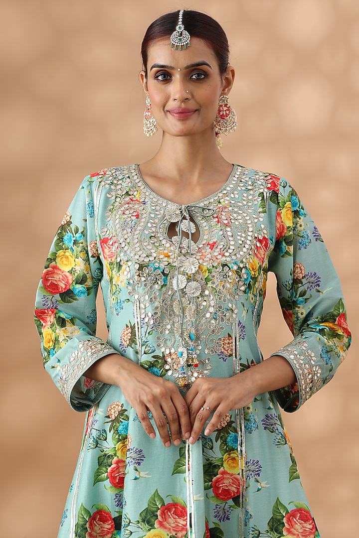 Mint Green Cotton Printed Short Party Wear Anarkali Set by Nia By Sonia Ahuja at Pernia's Pop Up Shop