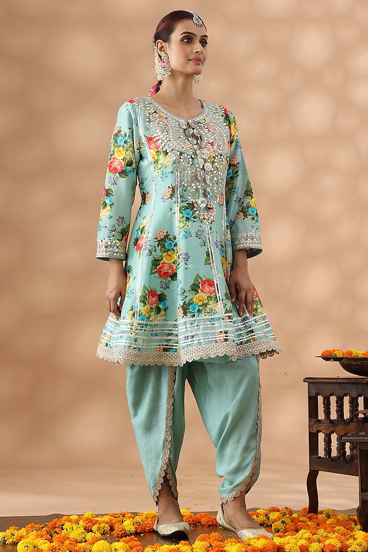 Mint Green Cotton Printed Short Party Wear Anarkali Set by Nia By Sonia Ahuja at Pernia's Pop Up Shop