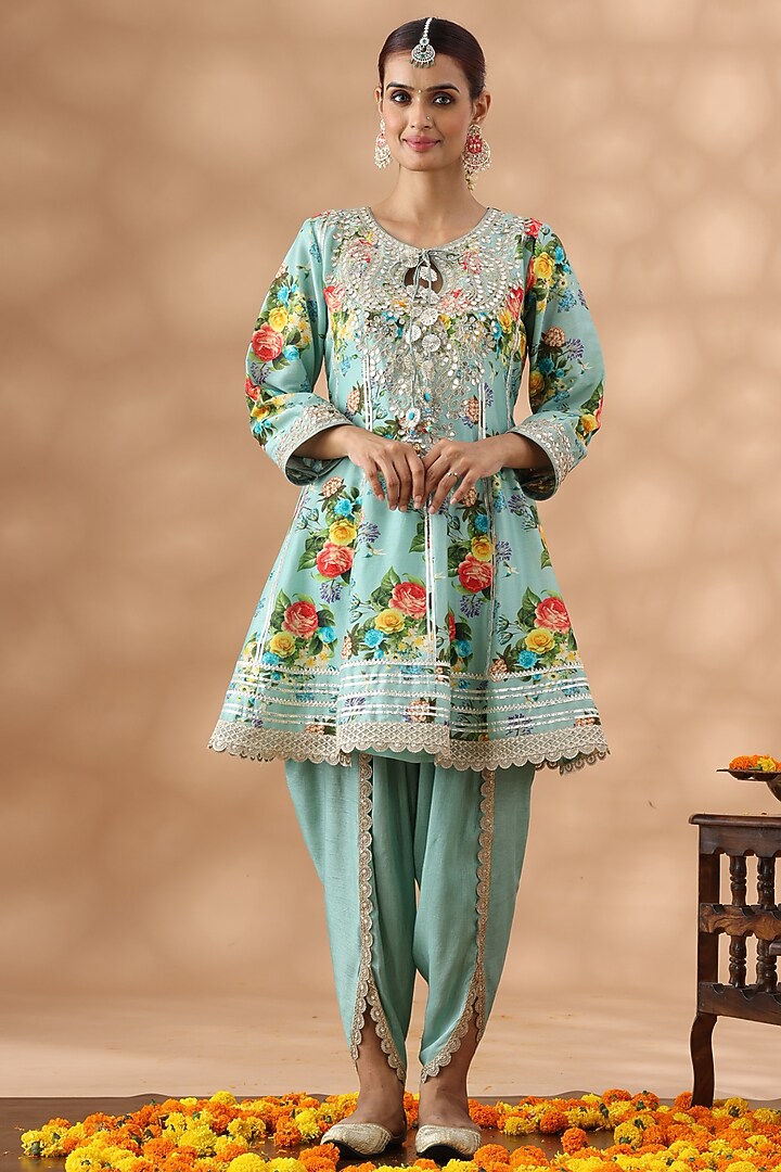 Mint Green Cotton Printed Short Party Wear Anarkali Set by Nia By Sonia Ahuja at Pernia's Pop Up Shop