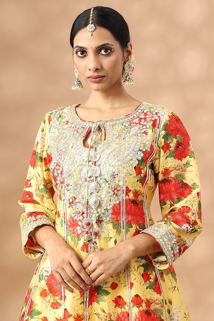 Light Mustard Cotton Printed Short Party Wear Anarkali Set by Nia By Sonia Ahuja at Pernia's Pop Up Shop