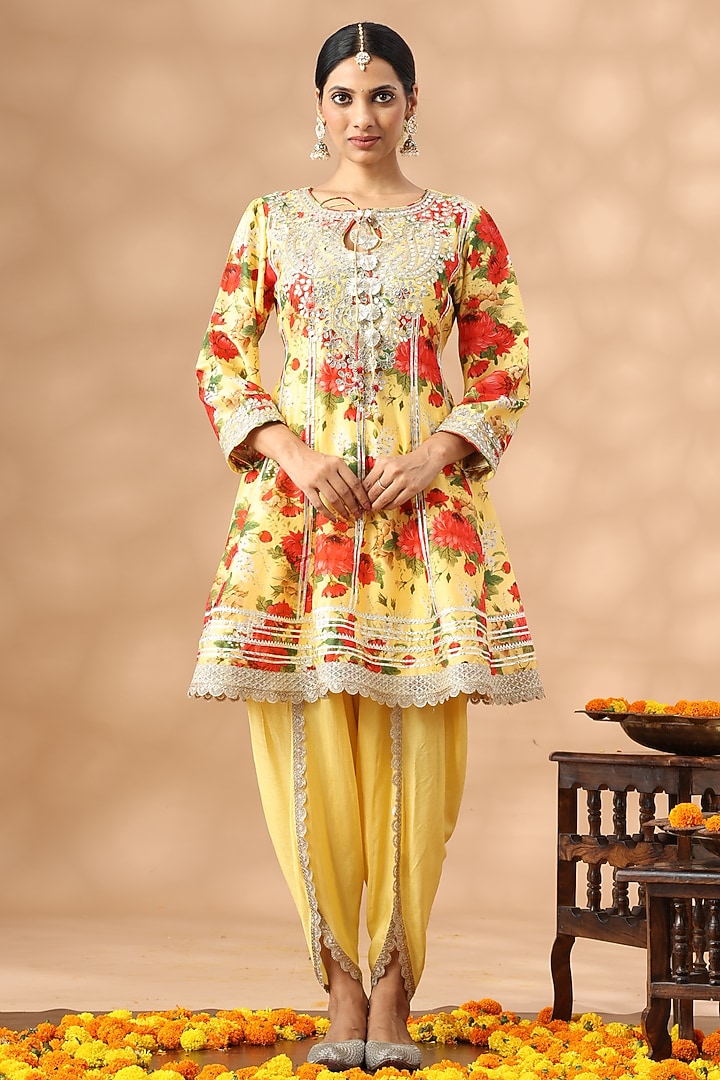 Light Mustard Cotton Printed Short Party Wear Anarkali Set by Nia By Sonia Ahuja at Pernia's Pop Up Shop