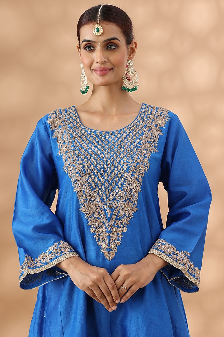 Mid Blue Banarasi Chanderi Kasab Embroidered Kalidar Kurta Set by Nia By Sonia Ahuja at Pernia's Pop Up Shop