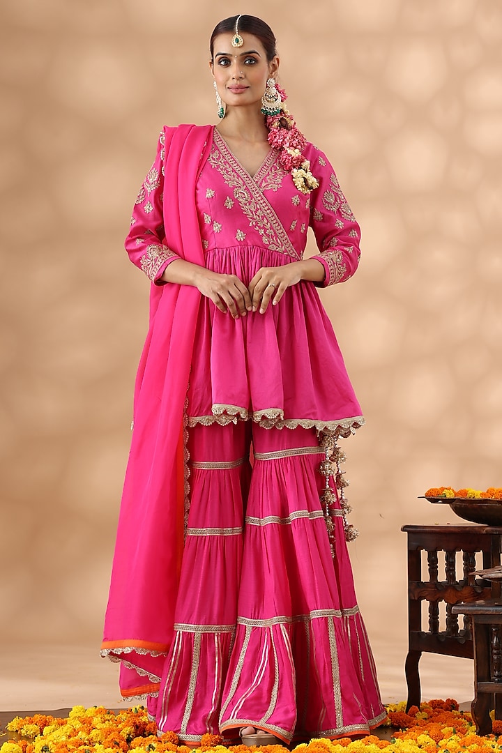 Hot Pink Banarasi Chanderi Gota Work Gharara Set by Nia By Sonia Ahuja at Pernia's Pop Up Shop