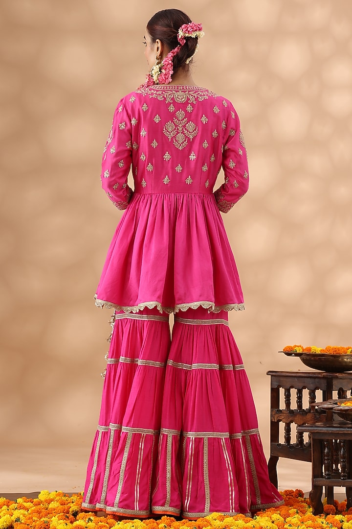 Hot Pink Banarasi Chanderi Gota Work Gharara Set by Nia By Sonia Ahuja at Pernia's Pop Up Shop