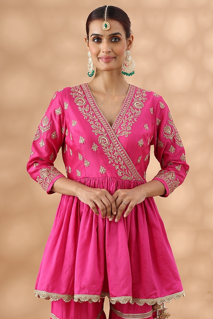 Hot Pink Banarasi Chanderi Gota Work Gharara Set by Nia By Sonia