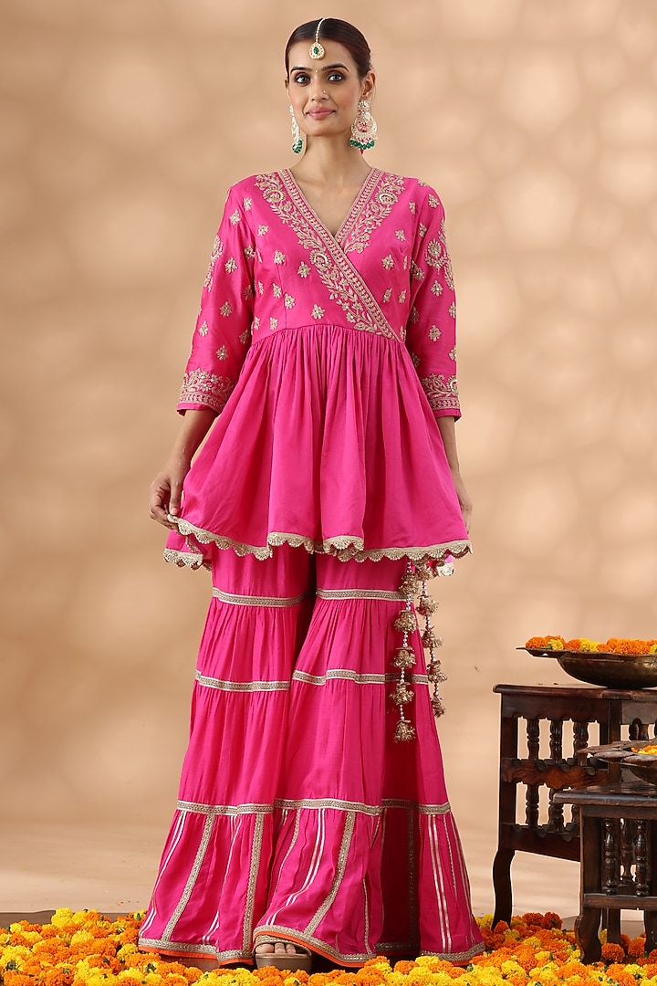 Hot Pink Banarasi Chanderi Gota Work Gharara Set by Nia By Sonia