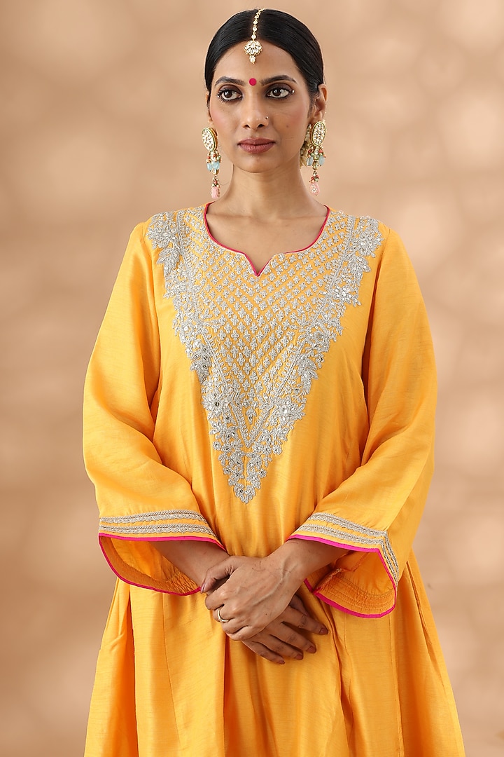 Deep Saffron Cotton Kasab Embroidered Kalidar Kurta Set by Nia By Sonia Ahuja at Pernia's Pop Up Shop