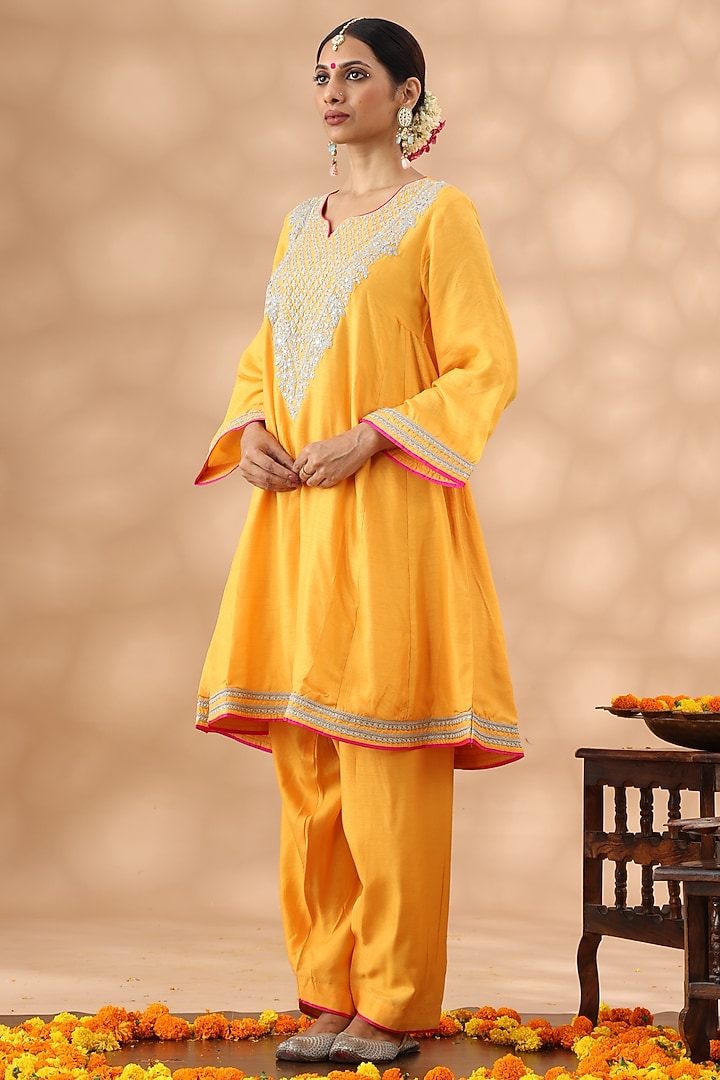 Deep Saffron Cotton Kasab Embroidered Kalidar Kurta Set by Nia By Sonia Ahuja at Pernia's Pop Up Shop