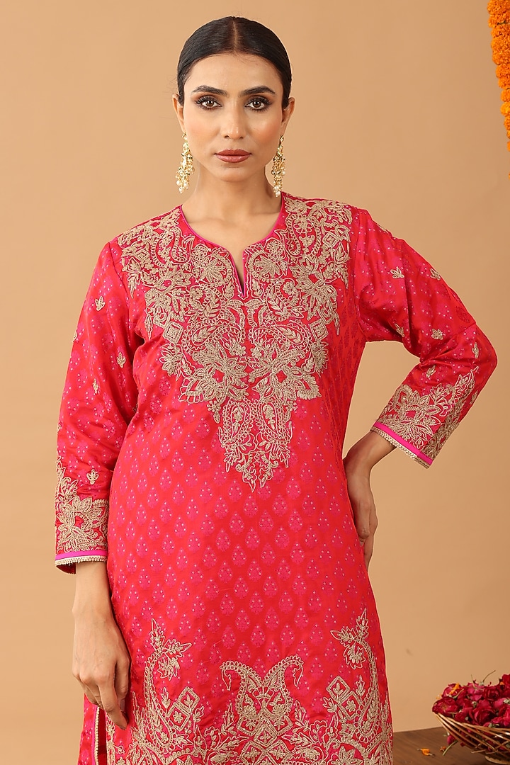 Coral Red Tancholi Silk Kasab Embroidered Kurta Set by Nia By Sonia Ahuja at Pernia's Pop Up Shop
