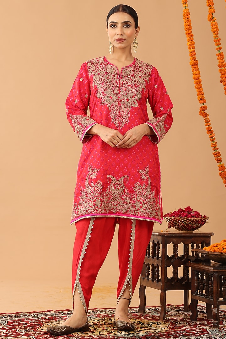 Coral Red Tancholi Silk Kasab Embroidered Kurta Set by Nia By Sonia Ahuja at Pernia's Pop Up Shop