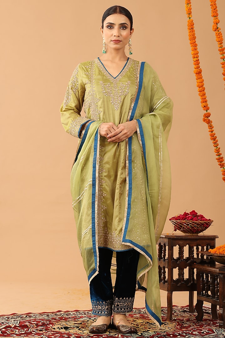 Olive Green Silk Kasab Embroidered Kurta Set by Nia By Sonia Ahuja at Pernia's Pop Up Shop