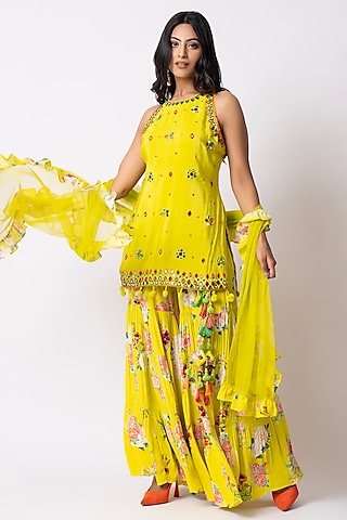 Yellow Crepe Floral Printed Gharara Set by Nia By Sonia Ahuja
