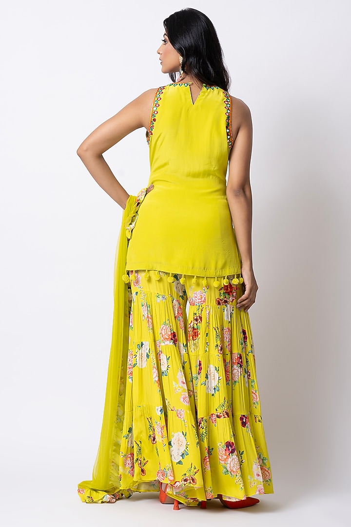 Yellow Crepe Floral Printed Gharara Set by Nia By Sonia Ahuja at Pernia's Pop Up Shop