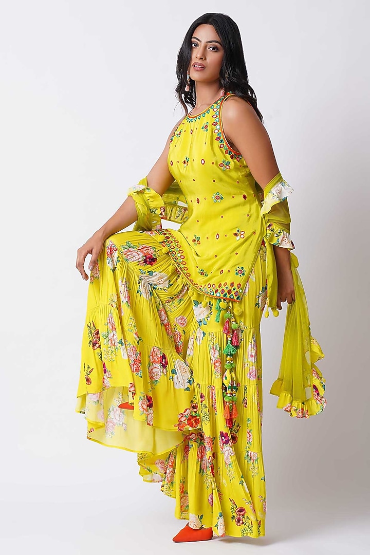 Yellow Crepe Floral Printed Gharara Set by Nia By Sonia Ahuja at Pernia's Pop Up Shop