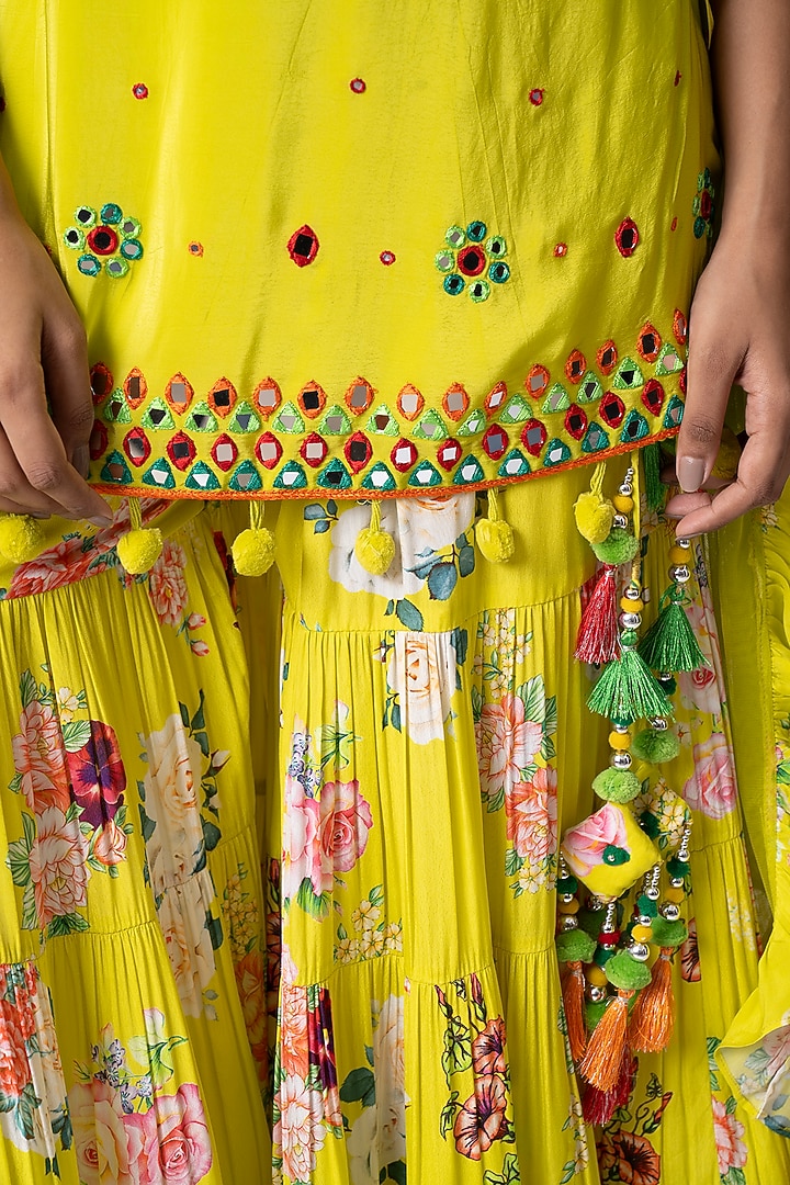 Yellow Crepe Floral Printed Gharara Set by Nia By Sonia Ahuja at Pernia's Pop Up Shop