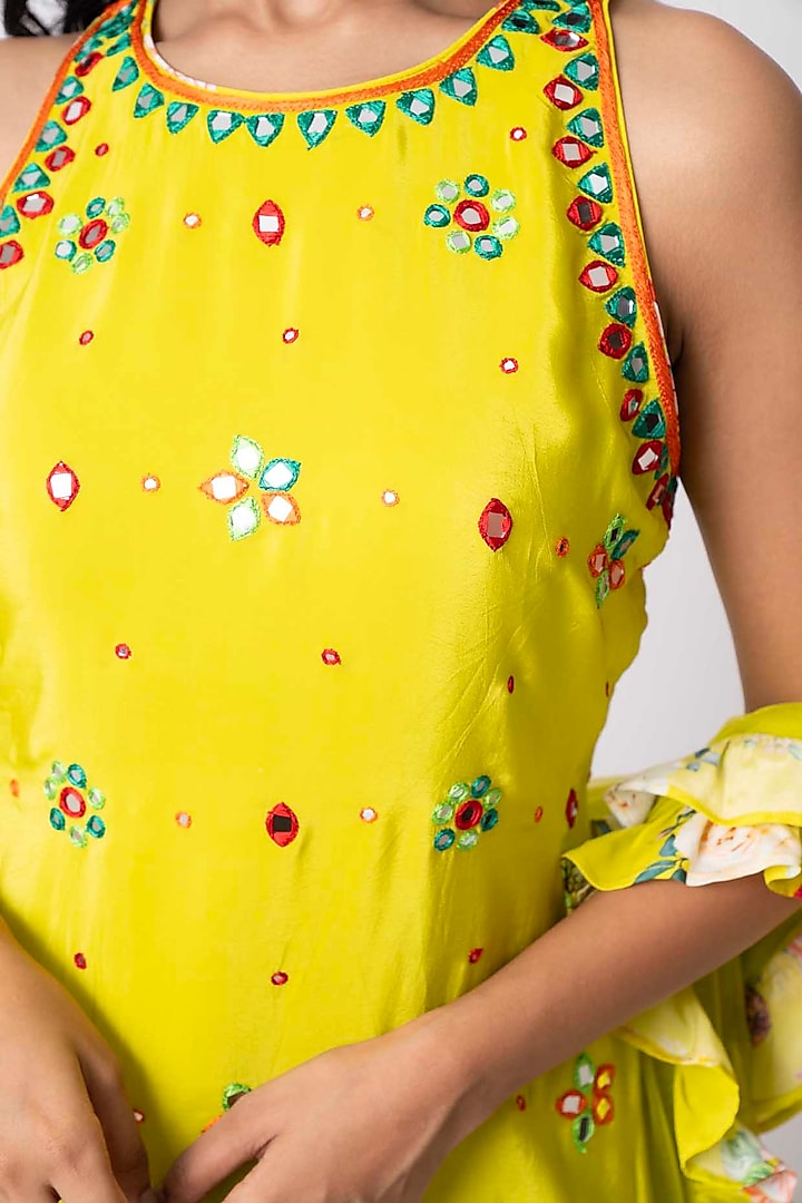 Yellow Crepe Floral Printed Gharara Set by Nia By Sonia Ahuja at Pernia's Pop Up Shop