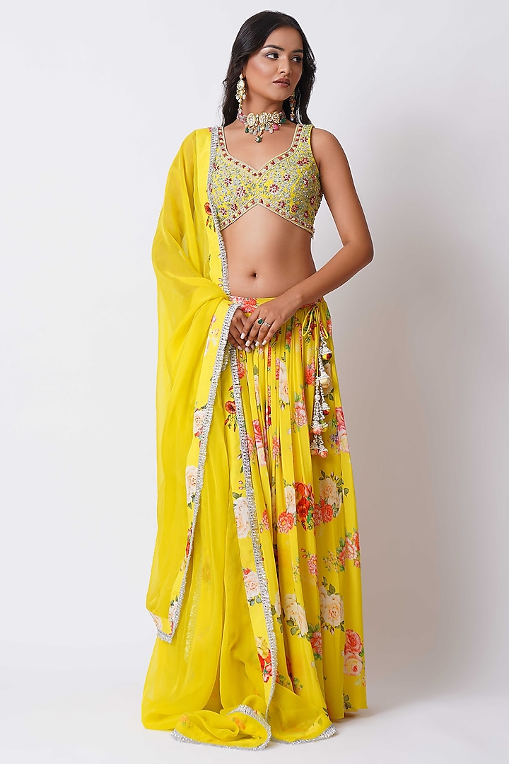 Yellow Crepe Floral Printed Wedding Lehenga Set by Nia By Sonia Ahuja at Pernia's Pop Up Shop