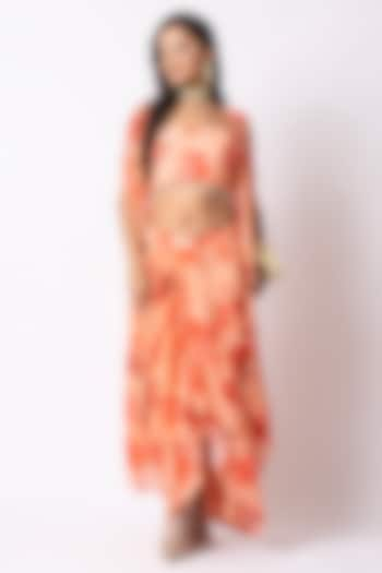 Peach Crepe Printed Draped Skirt Set by Nia By Sonia Ahuja at Pernia's Pop Up Shop